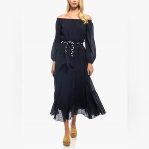 Shoshanna Women's Talon Cotton Burnout Midi Dress Navy Blue Off Shoulder 12 belt